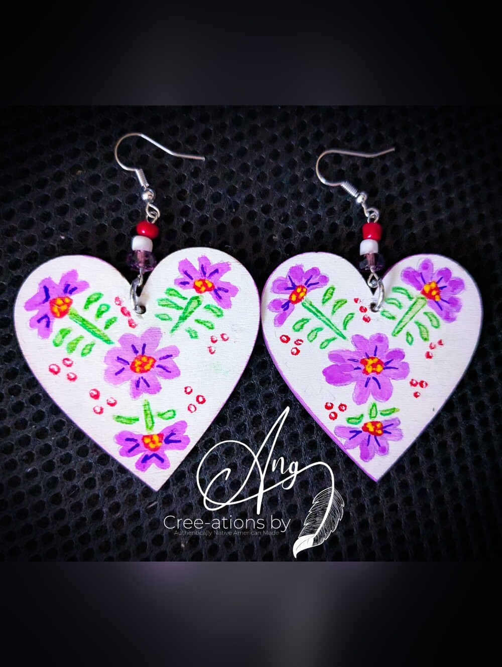 Hand-Painted Heart Tribal Floral Earrings - Purple & White